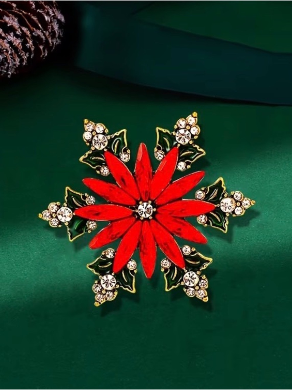 Festive Red Christmas Poinsettia Crystal Brooch
